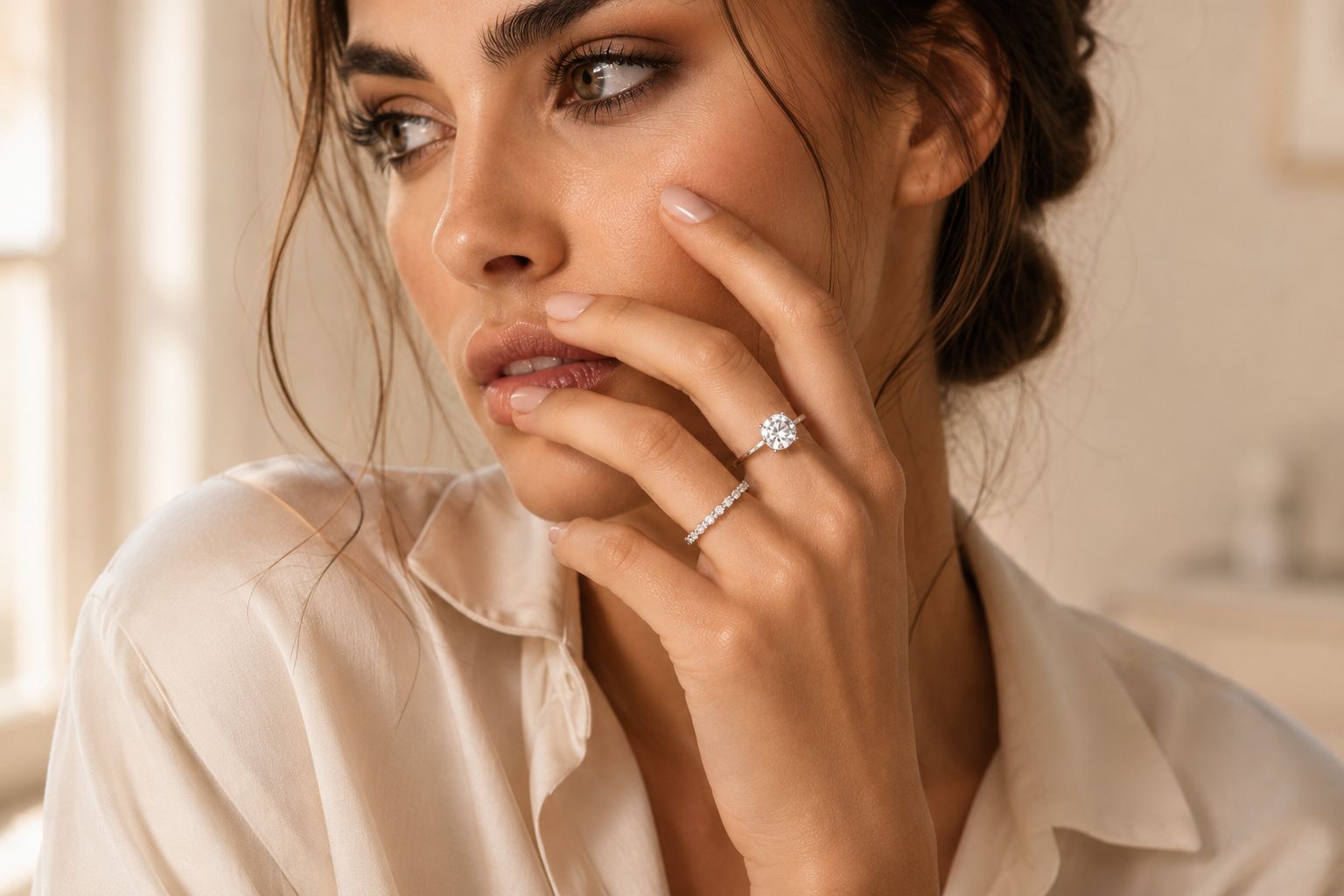 Modella PLF Styling con due anelli abbinati