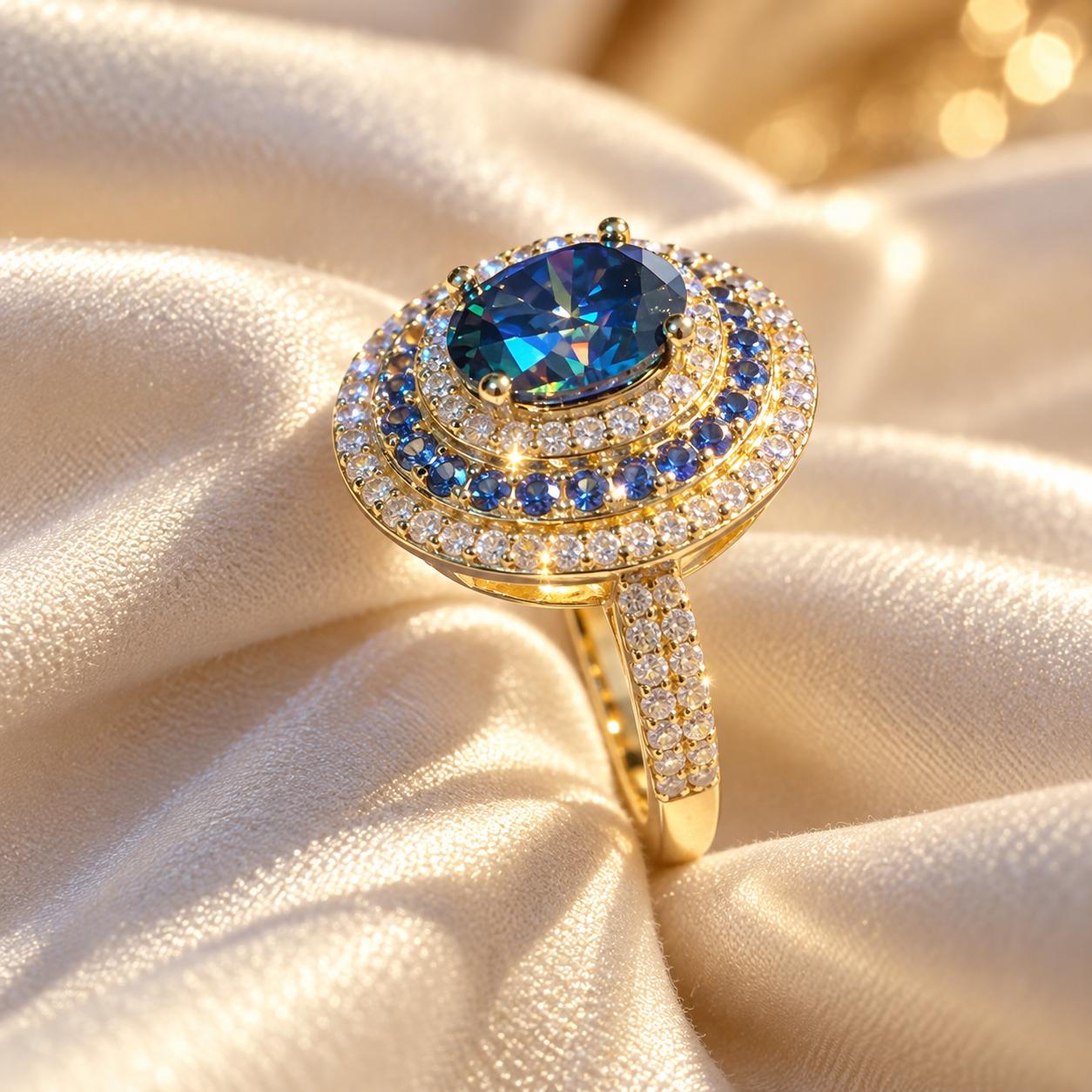 Dettaglio dell'anello ovale con gemma blu