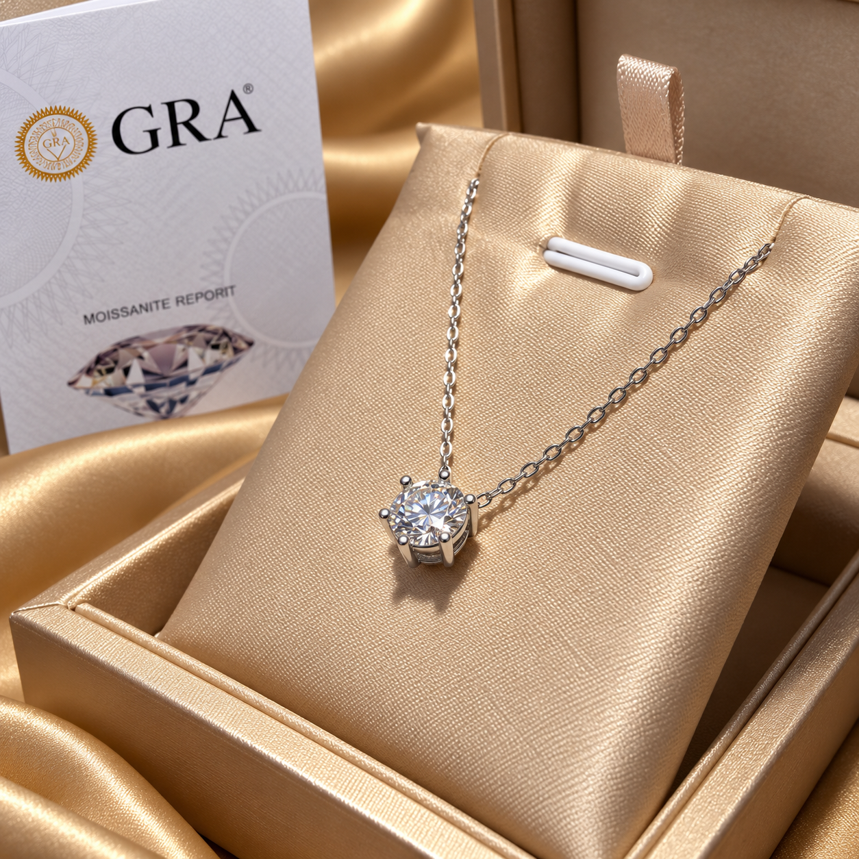 Collana punto luce PLF Styling con Moissanite su sfondo dorato